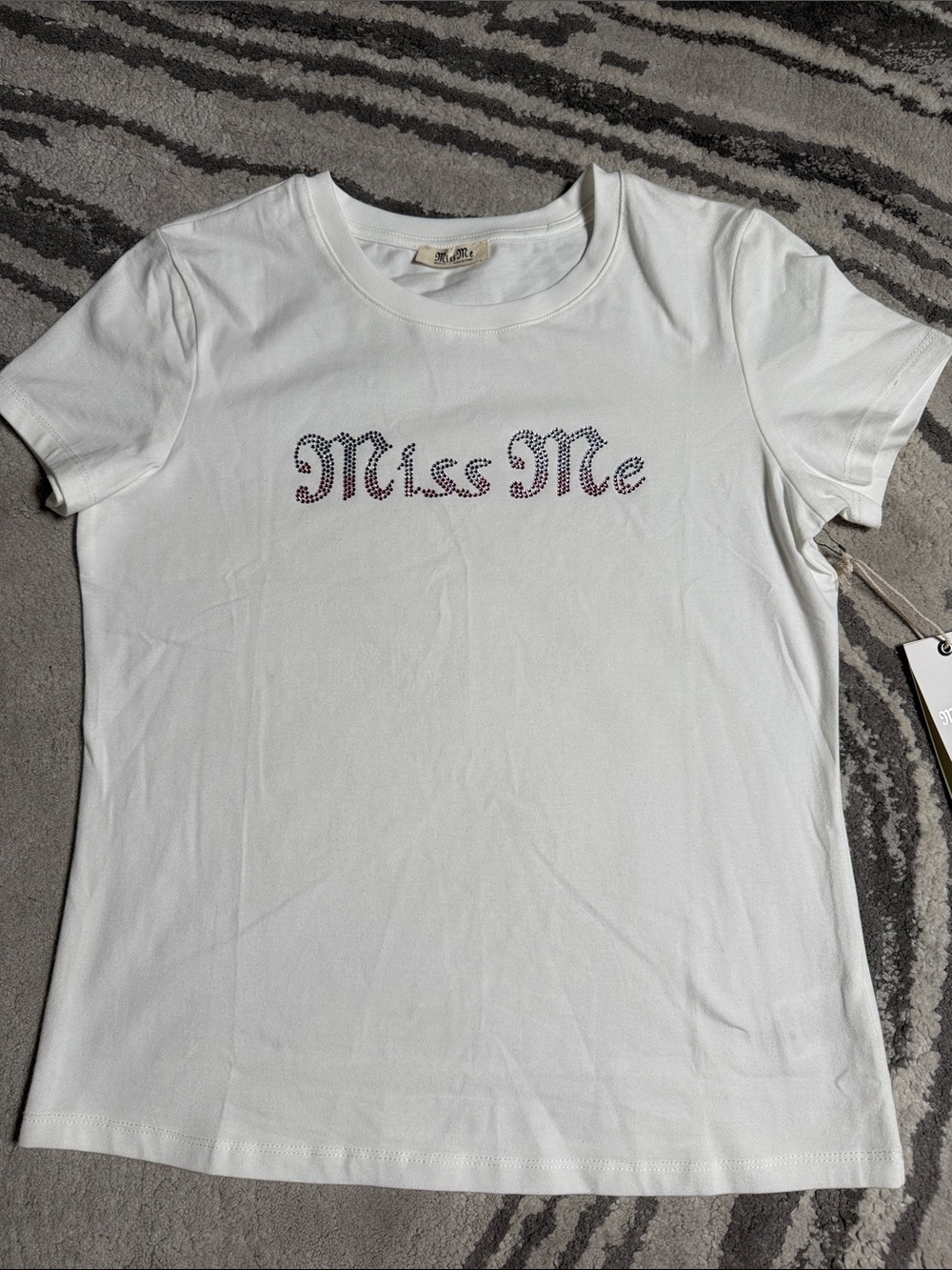 Miss Me White Short-Sleeve Tee with Rhinestone Logo